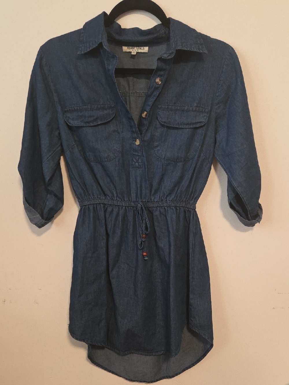 Women's Blue Denim High-Low Shirt Dress with Drawstring Waist